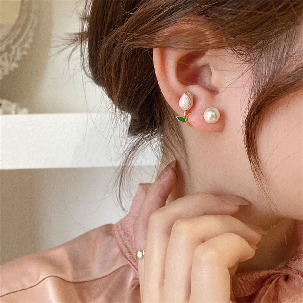 Luxury Pink Tulip Flower Pearl Stud Earrings, Light Luxury Design Sense Earrings, Elegant Zircon Pearl Earring Luxury Pink Tulip Flower Pearl Stud Earrings, Light Luxury Design Sense Earrings, Elegant Zircon Pearl Earring
